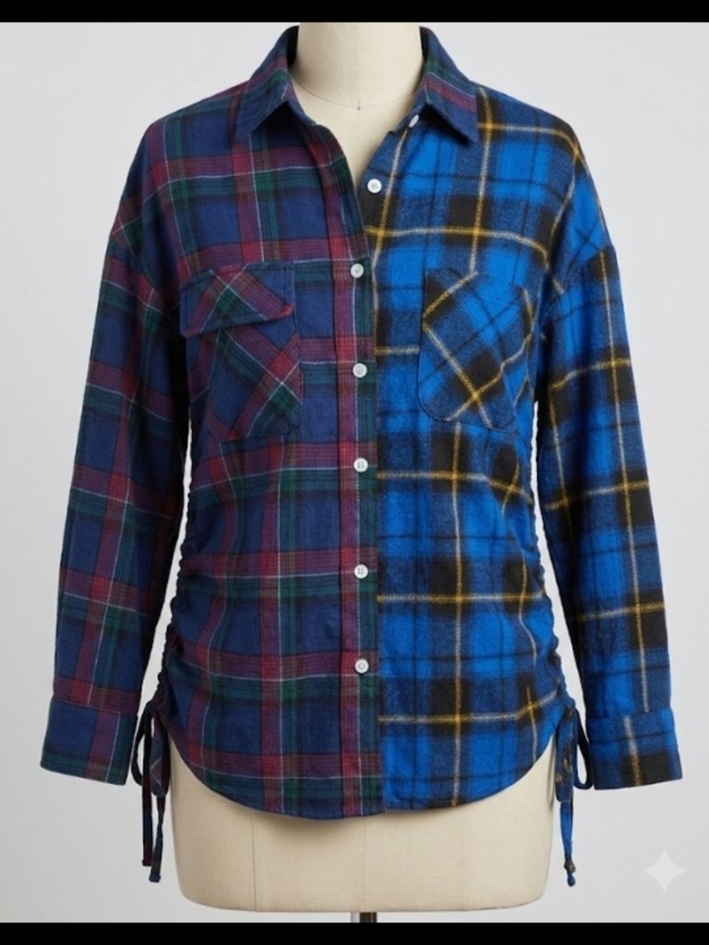 Upcycled Reworked Flannel Shirt Ruched Drawstring (Sz M) Streetwear Grunge